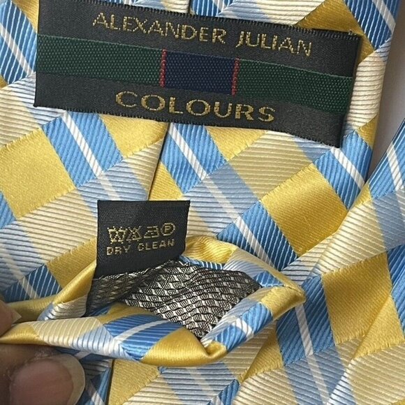 Alexander Julian Colours Mens Tie Yellow Blue Plaid Repp Striped Hand Made Silk - Picture 3 of 5